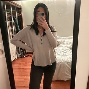 buttoned, beige, waffle knit, long sleeve shirt